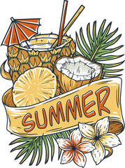 Summer fruit and cocktail. Tropical exotic coconut and pineapple print design
