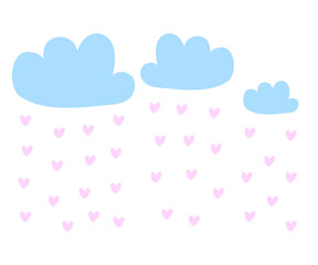 Vector de nubes con corazones. Cielo vectorial. Dibujo de nubes y corazón. Corazón rosado. Nubes celestes. Cielo. Lluvia de amor. Vectores infantiles.