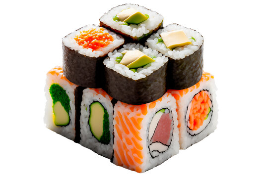 ai lots of uramaki and hossomaki salmon sushi isolated on a white background. ai generative content