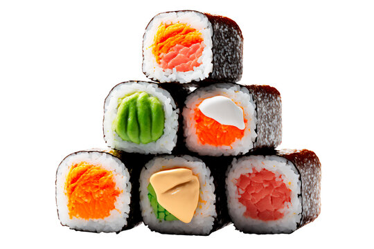 sushi stacked over each other isolated on a white background. ai generative content