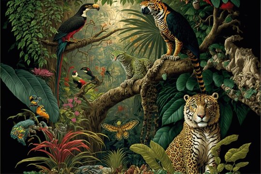  a painting of a jungle scene with a tiger, a bird, and a bird on a tree branch in the foreground is a bird, and a bird on the right.  generative ai