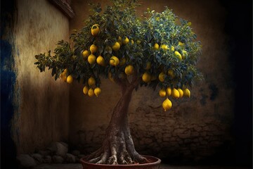  a tree with lots of oranges growing on it's branches in a room with a stone wall and stone floor and a window.  generative ai