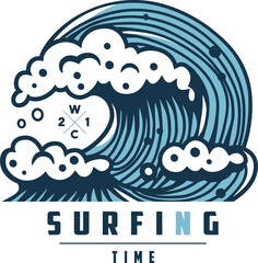 Surfing hawaii wave with foam for print. Logo of summer marine tide. Wavy sea or ocean for nautical t-shirt design