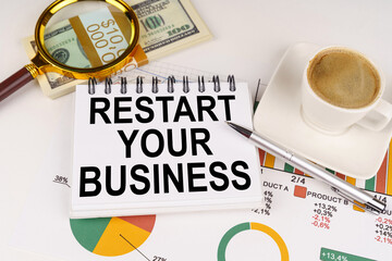 On the table is a cup of coffee, money, business charts and a notepad with the inscription -...