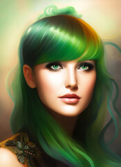 Fototapeta premium Colorful painting of a beautiful woman's face, Portrait of a beautiful woman with green hair