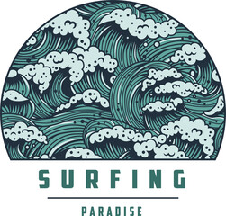 Surfing paradise. Hawaii wave with foam for print. Logo of summer marine tide. Wavy sea or ocean for nautical t-shirt design