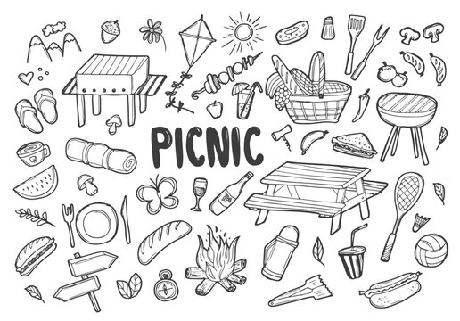 Summer picnic doodle set. Various meals, drinks, objects, sport activities. Vector illustration isolated over white background.