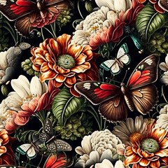Pattern art design with flowers, leaves and  butterflies of different colors and shades with high contrast light and shadow