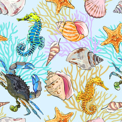 Seamless vector pattern. Crab, sea, ocean, shells, corals. summer pattern