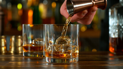 Close-up of pouring whiskey or rum on the bar, dark toned background - obrazy, fototapety, plakaty