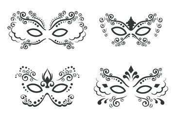 Collection of Traditional Venetian masques. Set of Black carnival mask isolated on white background. Symbol face hand drawn in linear style. Vector illustration for carnival holiday, Mardi Gras © Cathytina