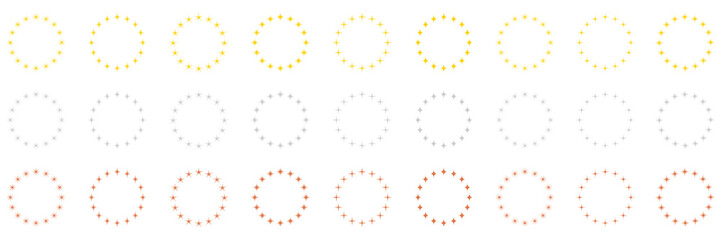 Stars in Circle Shape Silhouette Icon Set. Round Award Frame with Gold, Silver and Bronze Stars Pictogram. Circular Decor Ornament Icon on White Background. Isolated Vector Illustration