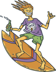 Summer surfer on surf board on wave with shaka, surfing hawaii t-shirt print