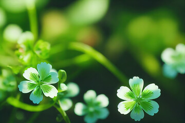 Close-up of clover in spring, beautiful clover with a blurry background letting space for text. Illustration, generative AI
