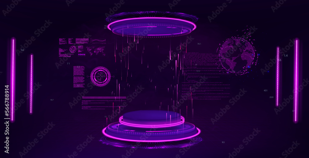 Poster purple 3d futuristic lab with hologram podium for presentation or show product. 3d capsule with sci-