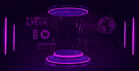 Purple 3D futuristic lab with hologram podium for presentation or show product. 3D capsule with Sci-fi HUD interface. Cyberpunk 3D lab. Teleport, portal, podium, stage or hologram concept. Vector