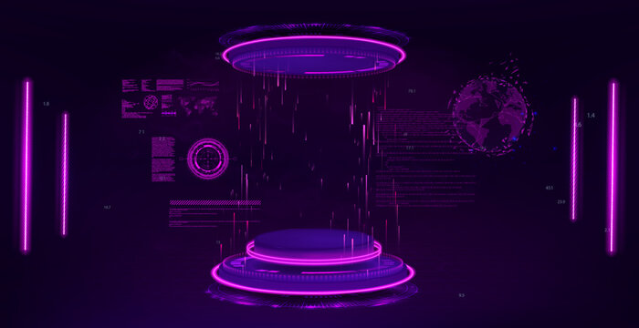 Purple 3D futuristic lab with hologram podium for presentation or show product. 3D capsule with Sci-fi HUD interface. Cyberpunk 3D lab. Teleport, portal, podium, stage or hologram concept. Vector