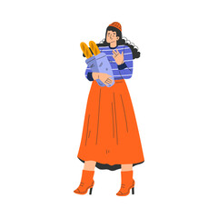 Typical French Woman Character in Red Skirt Standing with Fresh Baked Baguette Vector Illustration
