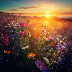 Fototapeta na wymiar A sea of colorful wildflowers, with a sunburst shining behind them in golden hour, creating a breathtaking view