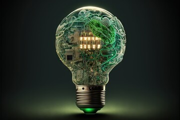  a green light bulb with a circuit inside of it on a black background with a green light bulb in the middle of the bulb is a circuit board.  generative ai