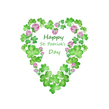 Watercolor floral heart with green clover leaves for St. Patrick Day. Hand drawn  illustration isolated on white background. For packaging, wrapping design, print, greeting card, wrapping.  

