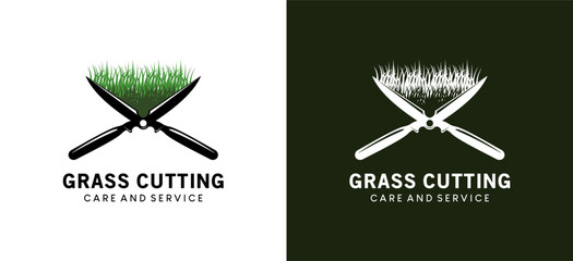 Lawn care logo design with creative grass clippers silhouette concept