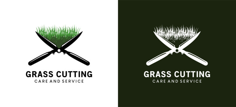 Lawn care logo design with creative grass clippers silhouette concept