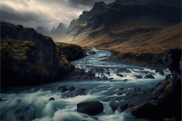  a river running through a lush green valley under a cloudy sky with a mountain in the background and a dark sky with a few clouds.  generative ai