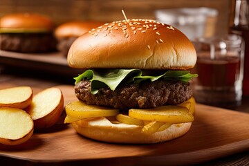 High-Resolution Image of an American Hamburger Dinner with Fried Potatoes Showcasing the Goodness of a Fast Food Meal, Perfect for Food and Restaurant Industry Designs