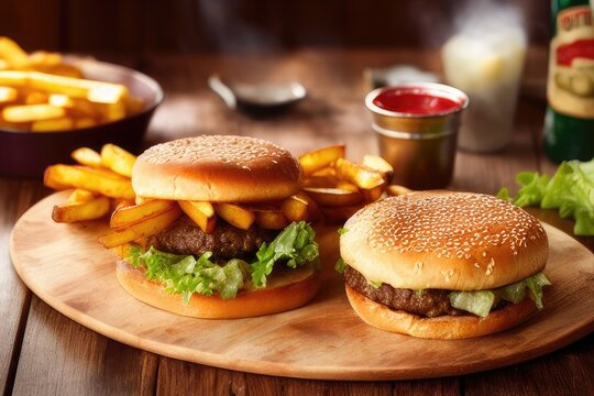 High-Resolution Image of an American Hamburger Dinner with Fried Potatoes Showcasing the Goodness of a Fast Food Meal, Perfect for Food and Restaurant Industry Designs