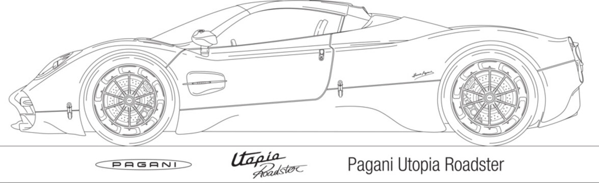 Modena, Italy, year 2023, Pagani Utopia Roadster super car silhouette outlined, illustration