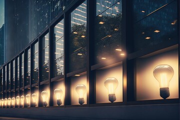  a row of light bulbs sitting on the side of a building next to a street at night with lights shining on the windows and on the side of the building.  generative ai