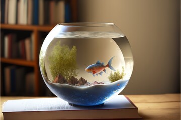  a fish in a bowl sitting on top of a book next to a bookcase with a book and a book on the side of the table.  generative ai