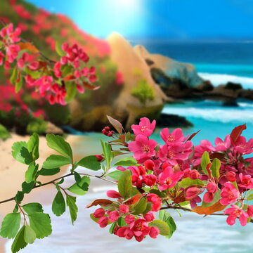   Beautiful  Greece  island landscape green sea and coast on beach  blowing  pink red flowers generated ai