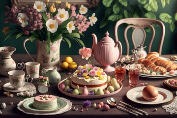 Naklejka premium Easter breakfast with eggs, toast, and hot cross buns, Generative AI