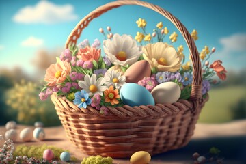 Easter basket filled with pastel colored eggs and flowers, Generative AI