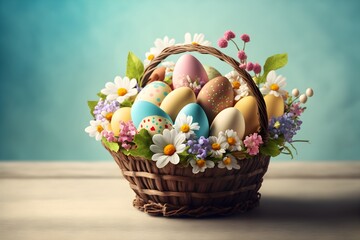 Fototapeta na wymiar Easter eggs and flowers arranged in a basket, Generative AI