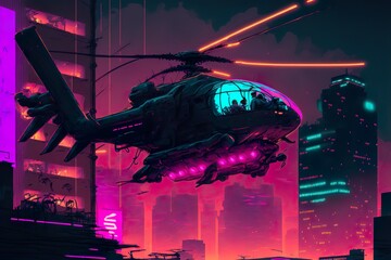 Helicopters fly over the city. Cyberpunk style illustration. Created with Generative AI technology