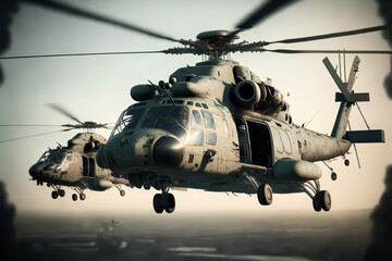 Military helicopters are flying high in the sky. Military aviation. Created with Generative AI technology