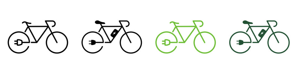 Ecological Electric Bicycle. Electricity Power Eco Bike with Charge Plug Symbol Collection on White Background. Green Energy Bike Line and Silhouette Icon Color Set. Isolated Vector Illustration