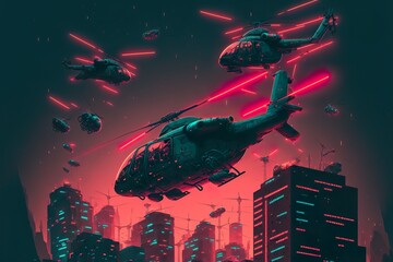 Helicopters fly over the city. Cyberpunk style illustration. Created with Generative AI technology
