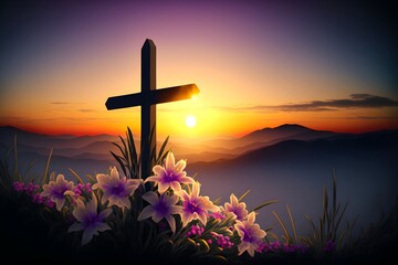 Easter sunrise with a cross and lilies, Generative AI