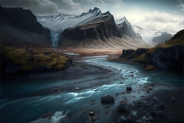  a painting of a mountain stream in the middle of a valley with a mountain in the distance and a cloudy sky above it, with a stream running through rocks and grass to the foreground.  generative ai