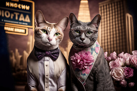 Fashion dressed cats having fun in night city, funny illustration. Generative AI