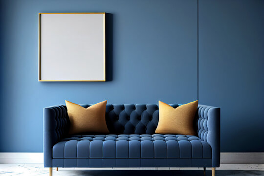 Mock-up Poster with a Blue Tufted Sofa against a Blue Wall