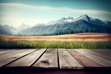 Fototapeta na wymiar Wooden table background with landscape of mountains, made with Generative AI technology
