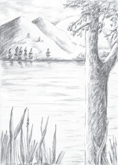 Pencil Drawing of Nature. The mountains