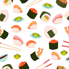 Seamless pattern Set for sushi. Different types of sushi and rolls. Traditional Japanese roll, with tobiko caviar, original with Philadelphia cheese and soy sauce, salmon and king prawns. Vector 