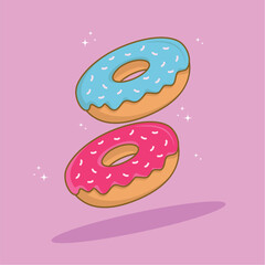 Donut isolated on a pink background. Cute, colorful and glossy donuts with pink and light blue glaze and multicolored powder. Simple modern design. Flat vector illustration.