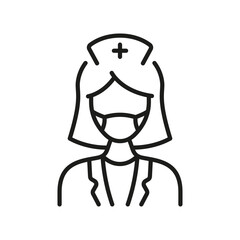 Dental Doctor Woman in Face Mask Line Icon. Female Dentist Linear Pictogram. Dental Surgeon Sign. Physician, Orthodontist, Endodontist Outline Symbol. Editable Stroke. Isolated Vector Illustration